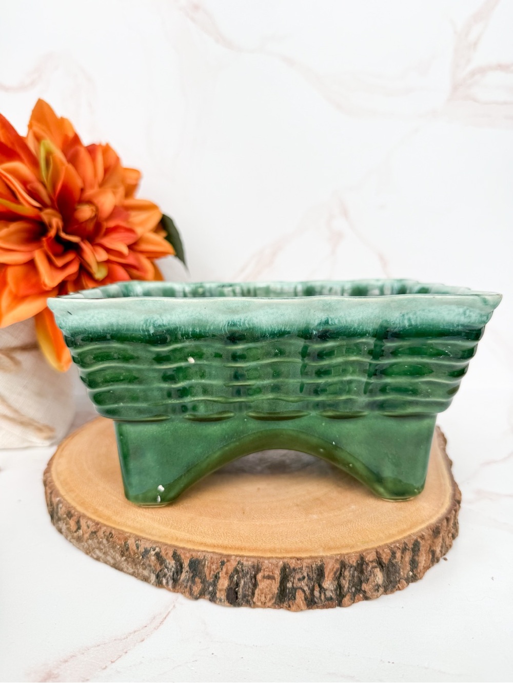 Vintage Mid Century USA Green Drip Glaze Planter Pottery Cachepot Decor